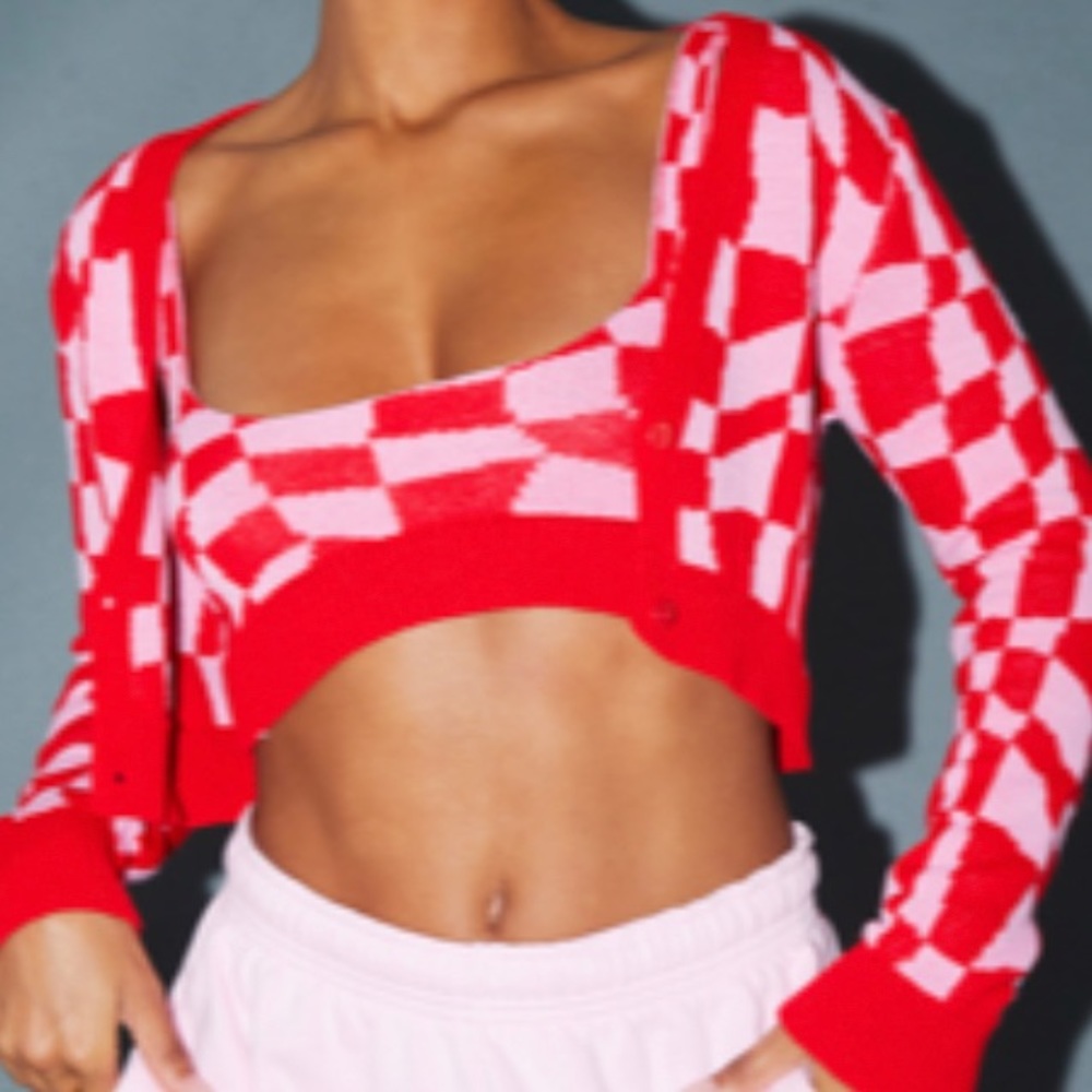 Checkered Knitted Crop Tank and Cardigan Set